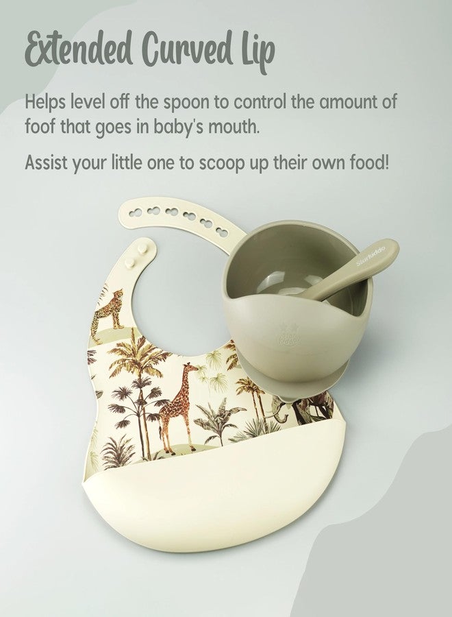 StarKiddo® Smart Silicone Suction Bowl & Spoon with Adjustable Printed Bib and Weaning Spoon | BPA Free Non-Toxic | Baby-Led Weaning Supplies for Toddler Self-Feeding (Grey) - Image 4