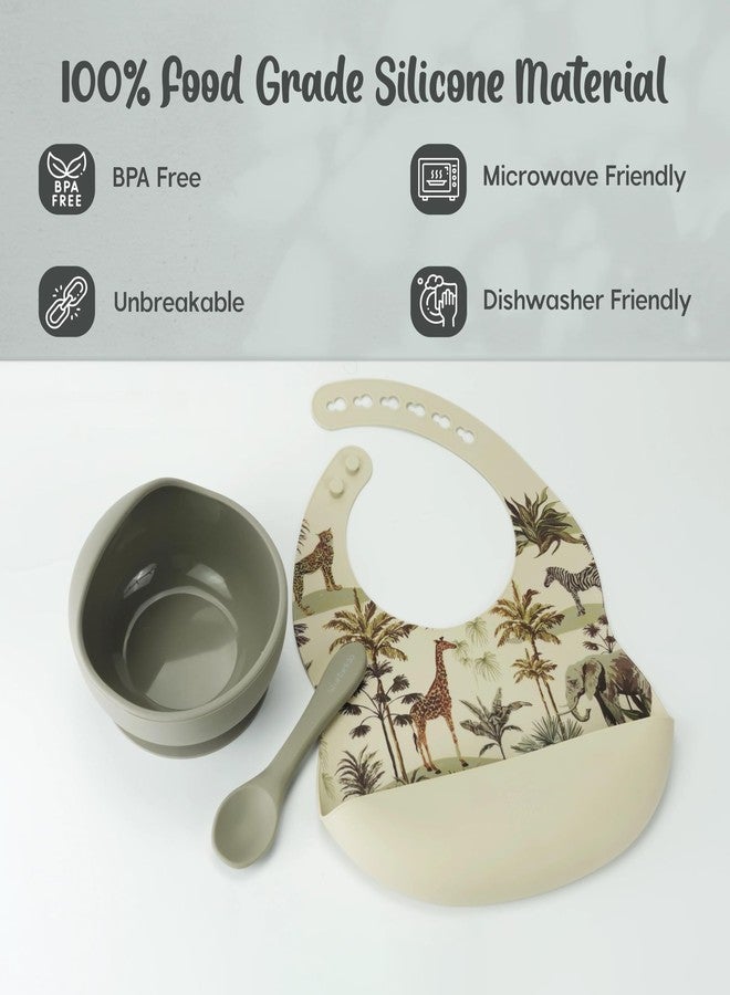 StarKiddo® Smart Silicone Suction Bowl & Spoon with Adjustable Printed Bib and Weaning Spoon | BPA Free Non-Toxic | Baby-Led Weaning Supplies for Toddler Self-Feeding (Grey) - Image 2