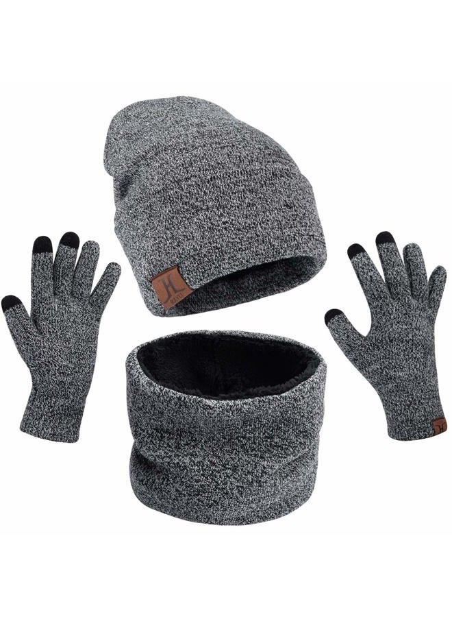MAYLISACC 3 Pcs Knit Beanie Hat Scarf and Glove Set for Men and Women, Winter Caps Neck Warmer with Touchscreen Gloves, A Style Set -- Grey ( Beanie+scarf+gloves ), One size - Image 1