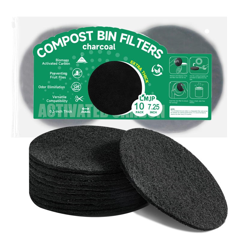 LMJP 725 Inch Charcoal Filters for 10 Pack Kitchen Countertop Compost Bins Extra Thick 03 for Longer Lasting Activated Carbon - Image 2