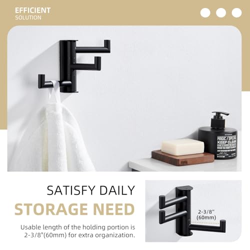 Angle Simple Swivel Towel Hook 3 Arms, SUS 304 Stainless Steel Foldable Bathroom Robe Towel Hook, Wall Coat Holder, Matte Black - Image 5