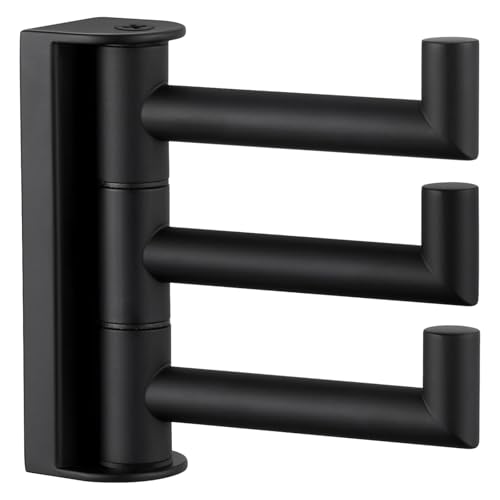 Angle Simple Swivel Towel Hook 3 Arms, SUS 304 Stainless Steel Foldable Bathroom Robe Towel Hook, Wall Coat Holder, Matte Black - Image 1