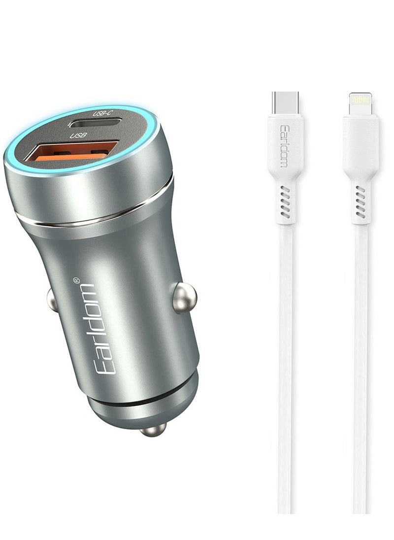 Generic NEW Car Socket Charger ES-CC29 – 30W USB QC3.0  PD Car Charger with Lightning PD Cable, Silver  - Image 1