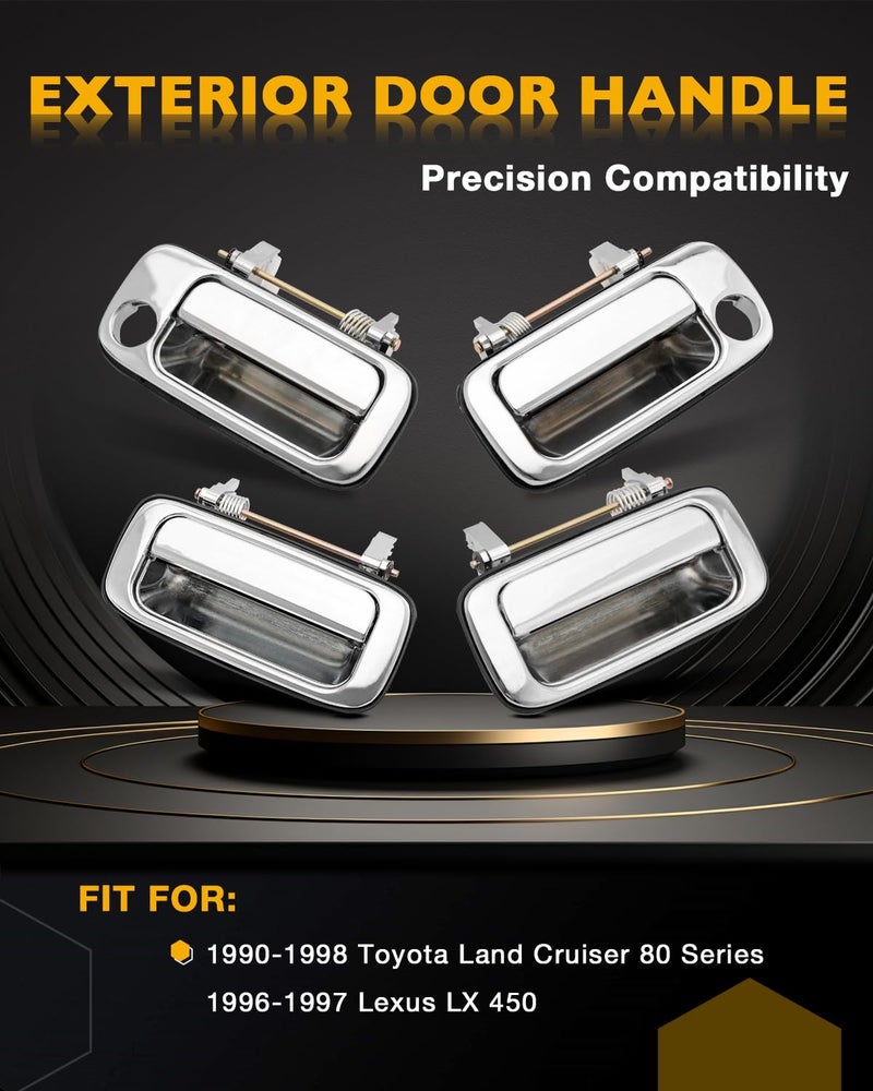 Gledewen Chrome Exterior Door Handle Set (4PCS), Compatible with 1990-1998 Toyota Land Cruiser 80 Series / Lexus LX 450, Outer Front & Rear Left Driver & Right Passenger w/ key hole, OE# 6921060010 6922060010 - Image 2