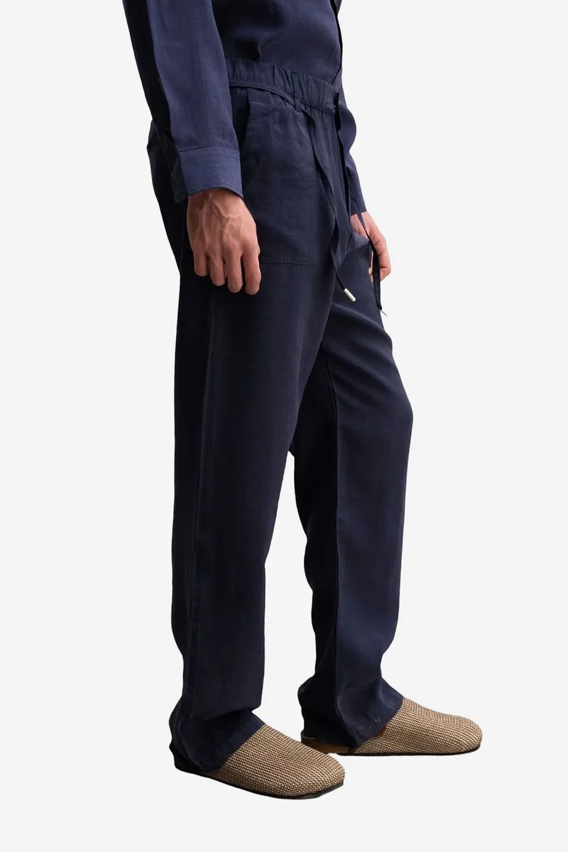 Giesto Navy Blue GIESTO Regular Fit Drawstring Waist Tencel Pants with Binding Detail for Men | Best Price UAE
