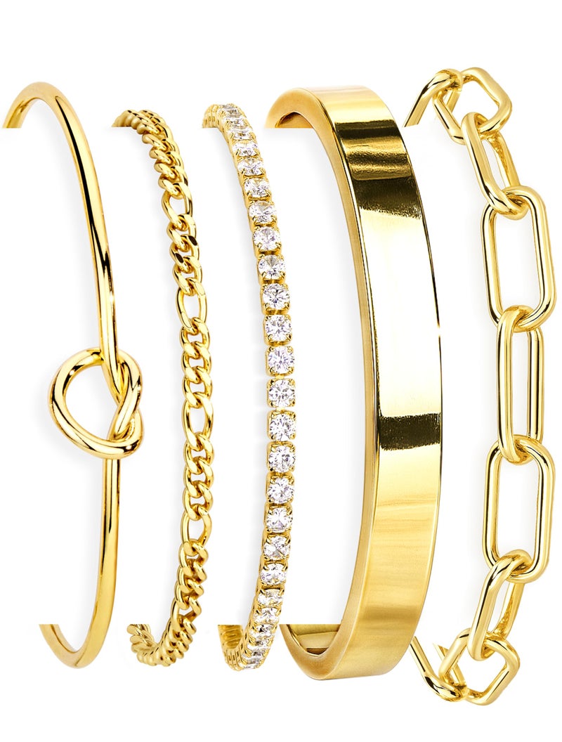 Gokeey Gold Cubic Zirconia Classic Tennis Bracelets for Women Trendy 14K Gold Plated Bangle Cuff Bracelet Set for Women Love Tike Knot Paperclip Figaro Bracelet Stack No Tarnish Bracelets Waterproof Simple Fashion Jewelry Gifts - Image 1