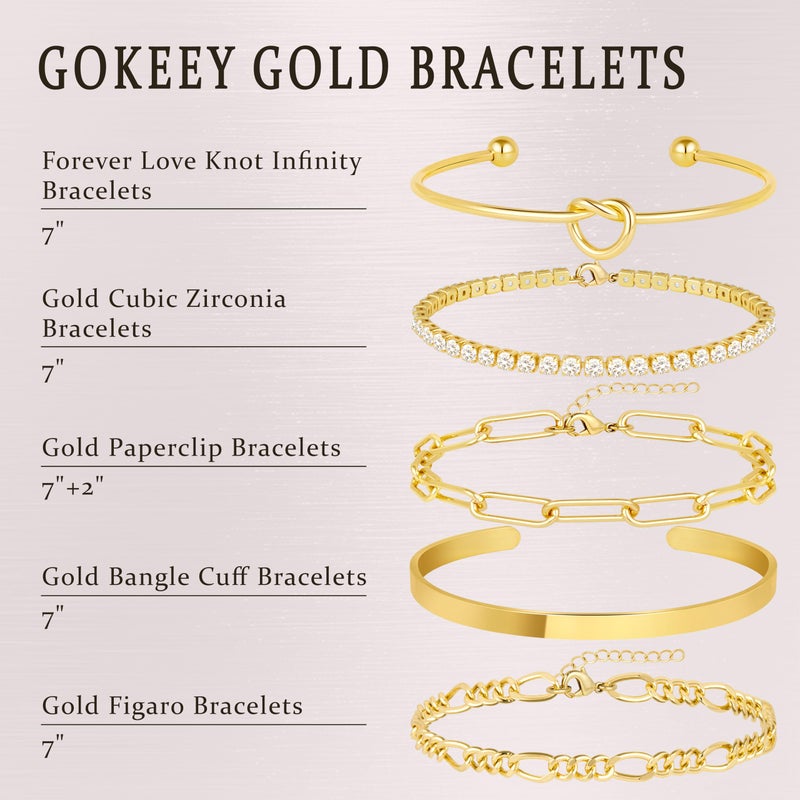 Gokeey Gold Cubic Zirconia Classic Tennis Bracelets for Women Trendy 14K Gold Plated Bangle Cuff Bracelet Set for Women Love Tike Knot Paperclip Figaro Bracelet Stack No Tarnish Bracelets Waterproof Simple Fashion Jewelry Gifts - Image 4
