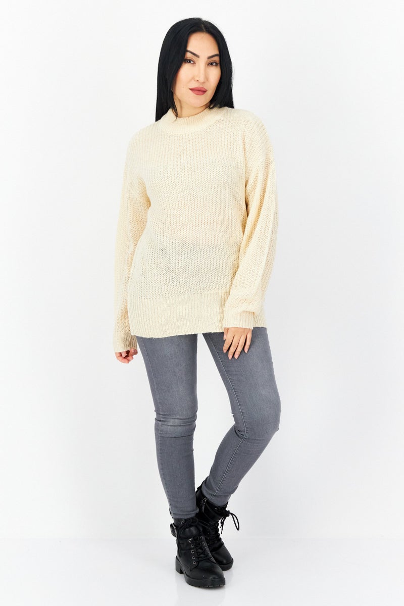 BRAVE SOUL Women Crew Neck Long Sleeve Textured Sweater, Beige - Image 3