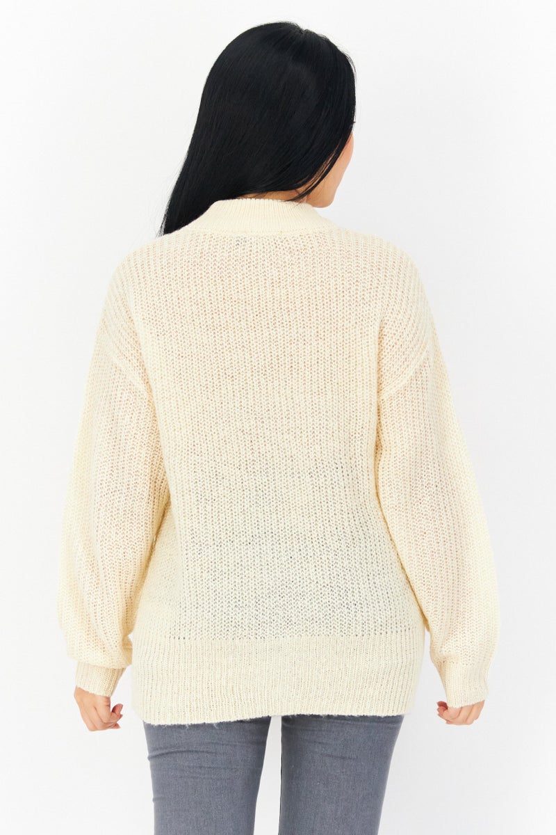 BRAVE SOUL Women Crew Neck Long Sleeve Textured Sweater, Beige - Image 2