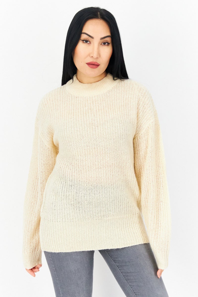 BRAVE SOUL Women Crew Neck Long Sleeve Textured Sweater, Beige - Image 1
