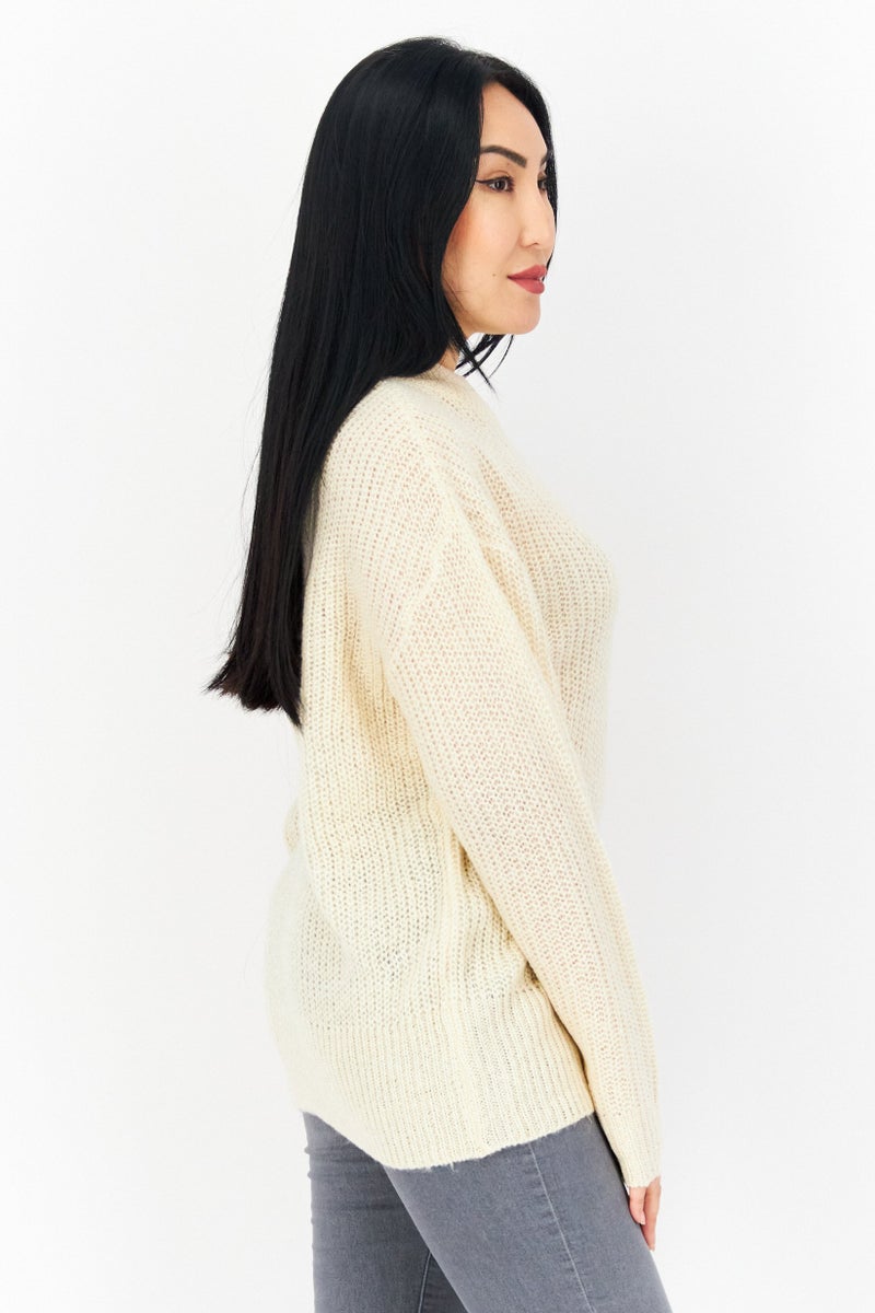 BRAVE SOUL Women Crew Neck Long Sleeve Textured Sweater, Beige - Image 4