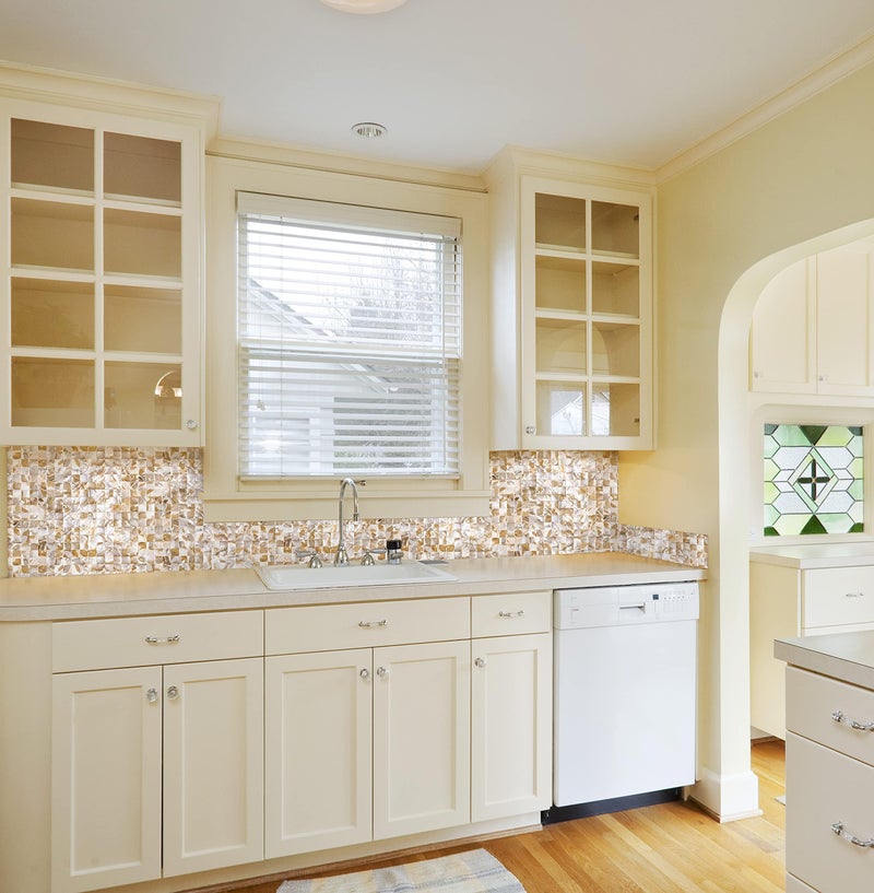 KASARO Peel and Stick Backsplash Shell Tiles, Mother of Pearl Mosaic Self Adhesive Tiles for Kitchen Wall Bathroom Bedroom Decor,White and Natural, 10-Sheet - Image 2