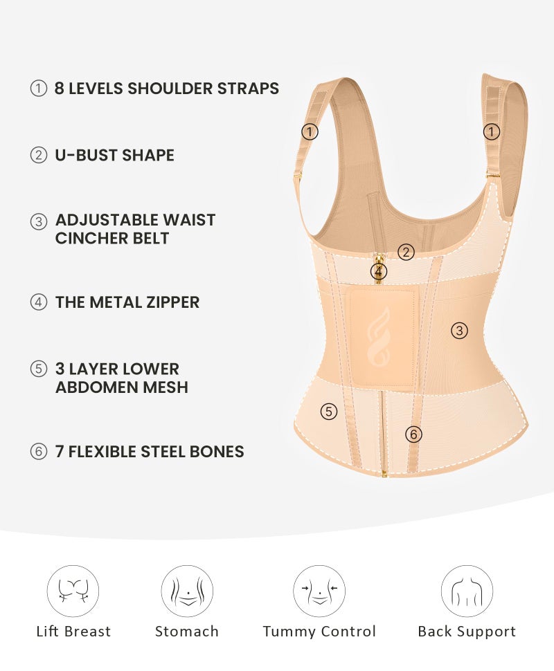 FeelinGirl Waist Trainer for Women Tummy Control Workout Hourglass Vest Waist Cincher with Adjustable Shoulder Strap Khaki M - Image 4