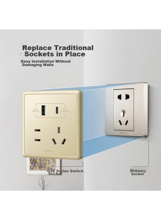Bull Switch Socket, Five-hole Socket With Usb + Type-c 30w Fast Charging, 86-type Panel G36e537a, Gold - Image 1