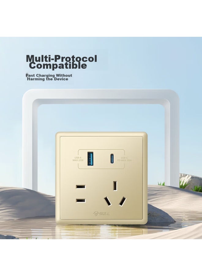 Bull Switch Socket, Five-hole Socket With Usb + Type-c 30w Fast Charging, 86-type Panel G36e537a, Gold - Image 4