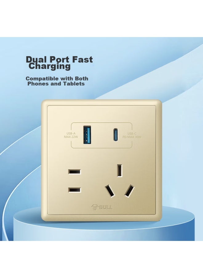 Bull Switch Socket, Five-hole Socket With Usb + Type-c 30w Fast Charging, 86-type Panel G36e537a, Gold - Image 3