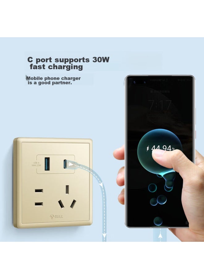 Bull Switch Socket, Five-hole Socket With Usb + Type-c 30w Fast Charging, 86-type Panel G36e537a, Gold - Image 2