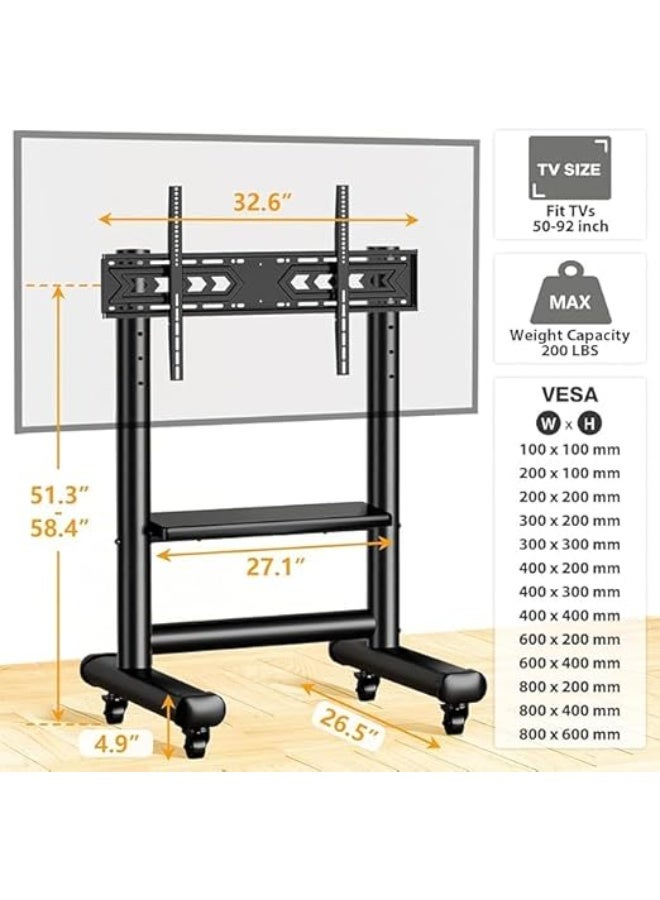 Heavy-Duty Mobile TV Stand – Adjustable Height with Shelf and Locking Wheels – Fits 50–92 Inch Screens – Supports up to 200 lbs – Ideal for Home, Office, or Trade Shows - Image 4