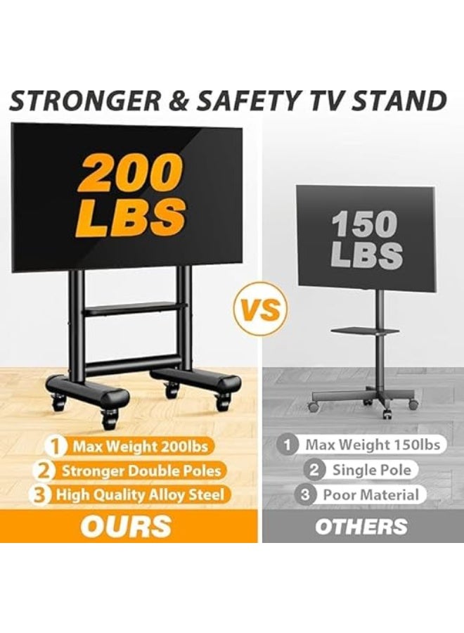 Heavy-Duty Mobile TV Stand – Adjustable Height with Shelf and Locking Wheels – Fits 50–92 Inch Screens – Supports up to 200 lbs – Ideal for Home, Office, or Trade Shows - Image 3