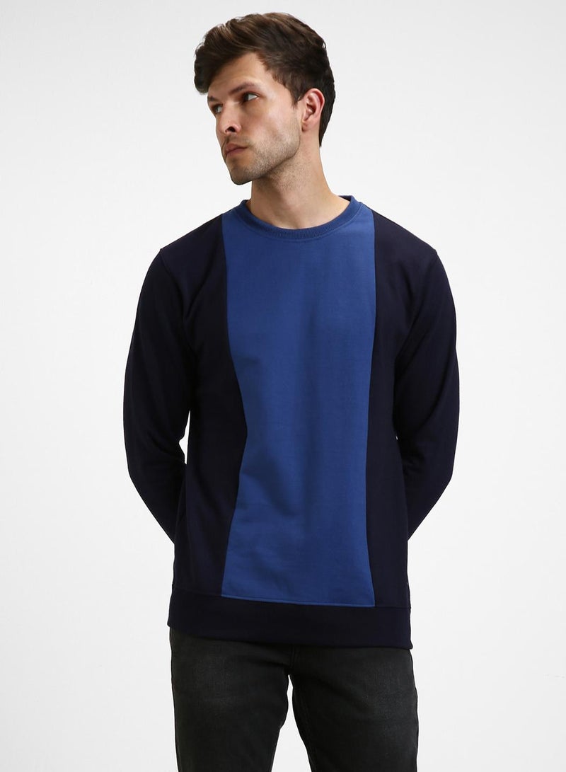 Dennis Lingo Regular Fit Navy Colourblocked Round Neck Sweatshirt for Men - Polycotton, Full Sleeves  - Image 2