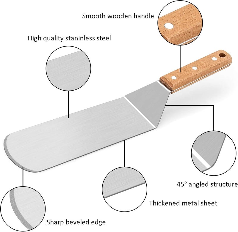 HaSteeL مجموعة ملعقة معدنية، مجموعة أدوات ملعقة صينية من الفولاذ المقاوم للصدأ مع مقبض خشبي، مقلب بان كيك طويل ثقيل مقلب برجر لطبخ الشواء تيبانياكي شواء مسطحة خارجي وداخلي - Image 3