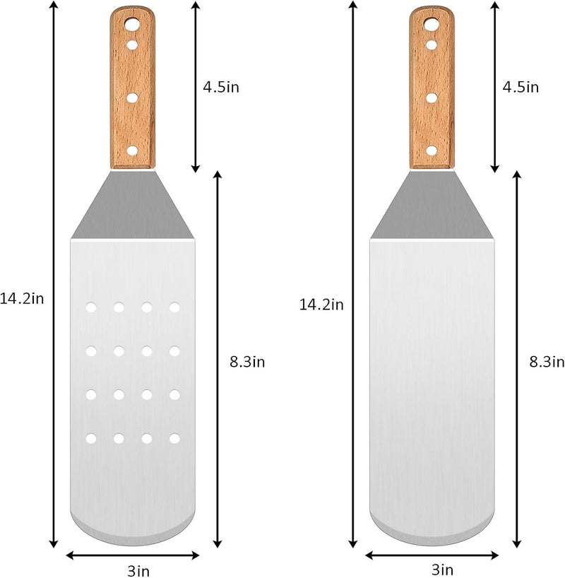 HaSteeL مجموعة ملعقة معدنية، مجموعة أدوات ملعقة صينية من الفولاذ المقاوم للصدأ مع مقبض خشبي، مقلب بان كيك طويل ثقيل مقلب برجر لطبخ الشواء تيبانياكي شواء مسطحة خارجي وداخلي - Image 2