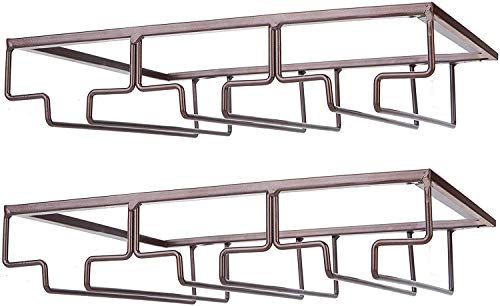 FOMANSH Wine Glass Rack - Under Cabinet Stemware Wine Glass Holder Glasses Storage Hanger 2 Pack Metal Organizer for Bar Kitchen Brown - Image 1