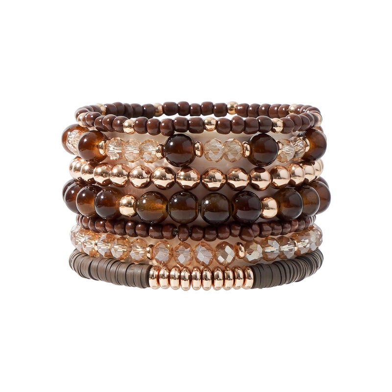 GOOJIDS Brown Surfer Heishi Clay Bead Bracelets for Women Bohemian Stackable Gold Plated Beaded Stretch Bracelets Elastic Layering Friendship Bracelets Set Boho Jewelry - Image 1