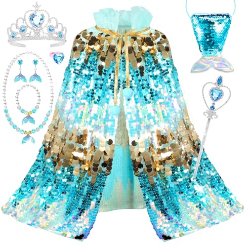 LIMIROLER Princess Dress Up Toys Mermaid Dress Up Cape Kit 9 Pcs Gift Set for Little Girls 38 Years Old Princess Dress Up Clothes Set Gift for Birthday Christmas Party Halloween Blue - Image 1
