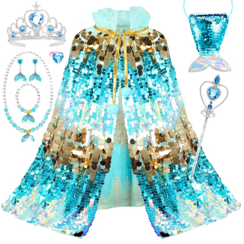 LIMIROLER Princess Dress Up Toys Mermaid Dress Up Cape Kit 9 Pcs Gift Set for Little Girls 38 Years Old Princess Dress Up Clothes Set Gift for Birthday Christmas Party Halloween Blue - Image 3