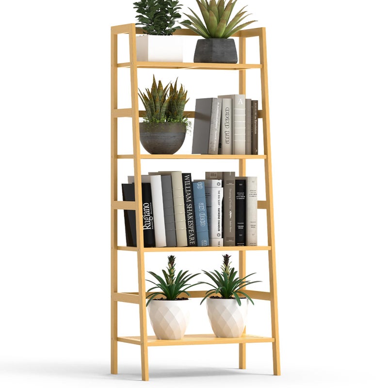 Thalomely Bamboo Bookshelf, 4-Tier Ladder Shelf Freestanding Space Saver Open Bookcase Book Shelf, Bamboo Storage Shelving Unit Flower Plant Stand for Living Room, Bathroom, Home Office, Natural - Image 1