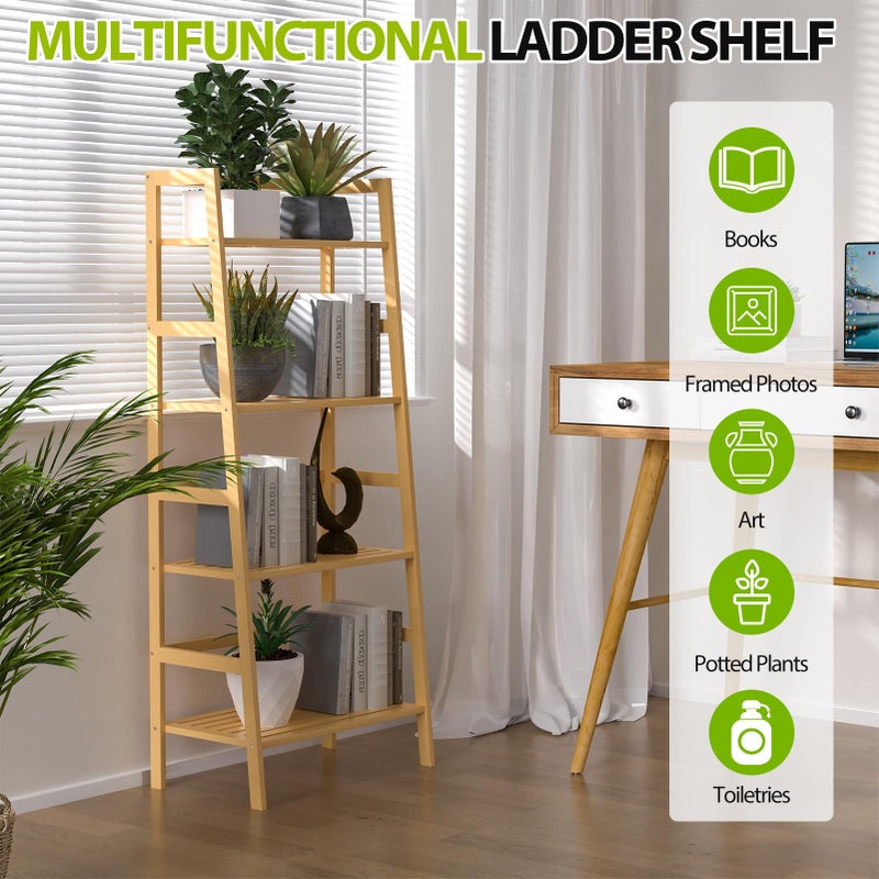 Thalomely Bamboo Bookshelf, 4-Tier Ladder Shelf Freestanding Space Saver Open Bookcase Book Shelf, Bamboo Storage Shelving Unit Flower Plant Stand for Living Room, Bathroom, Home Office, Natural - Image 4