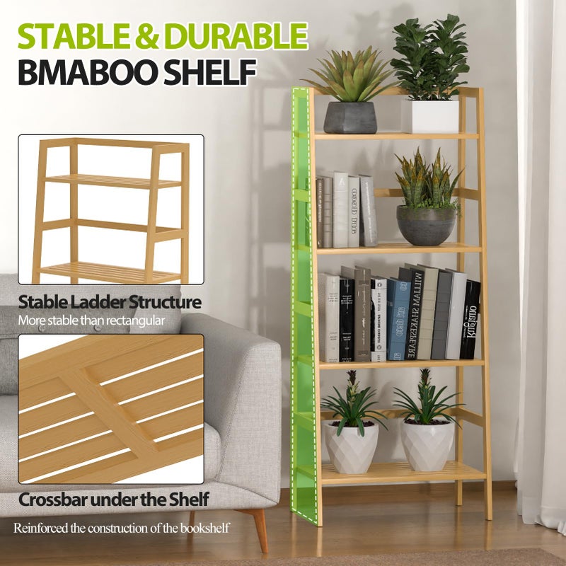 Thalomely Bamboo Bookshelf, 4-Tier Ladder Shelf Freestanding Space Saver Open Bookcase Book Shelf, Bamboo Storage Shelving Unit Flower Plant Stand for Living Room, Bathroom, Home Office, Natural - Image 3