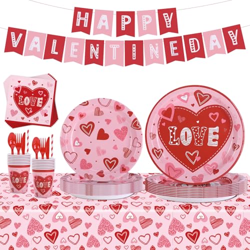 Fishdown Valentines Day Heart Love Disposable Tableware Set 194 Pcs Serves 24 Romantic Paper Plates Cups Napkins Forks Spoons Knives for Valentines Day Party Wedding Reception Anniversary Dinner Supplies - Image 1