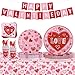 Fishdown Valentines Day Heart Love Disposable Tableware Set 194 Pcs Serves 24 Romantic Paper Plates Cups Napkins Forks Spoons Knives for Valentines Day Party Wedding Reception Anniversary Dinner Supplies - Image 2