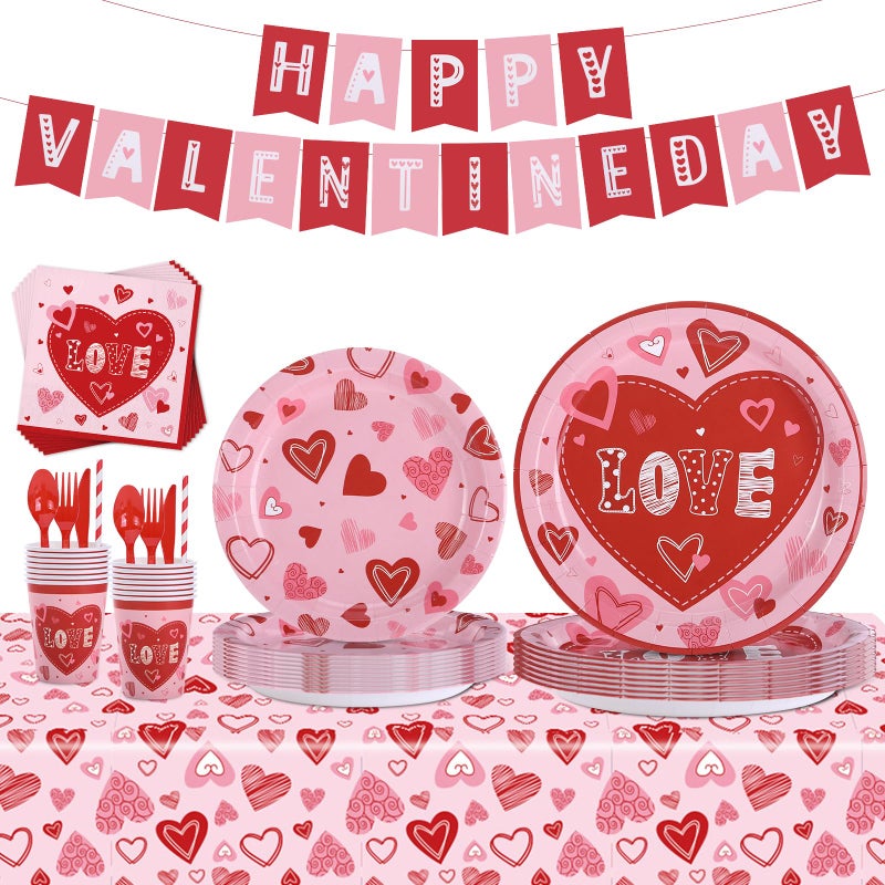Fishdown Valentines Day Heart Love Disposable Tableware Set 194 Pcs Serves 24 Romantic Paper Plates Cups Napkins Forks Spoons Knives for Valentines Day Party Wedding Reception Anniversary Dinner Supplies - Image 3