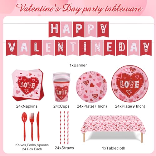 Fishdown Valentines Day Heart Love Disposable Tableware Set 194 Pcs Serves 24 Romantic Paper Plates Cups Napkins Forks Spoons Knives for Valentines Day Party Wedding Reception Anniversary Dinner Supplies - Image 5