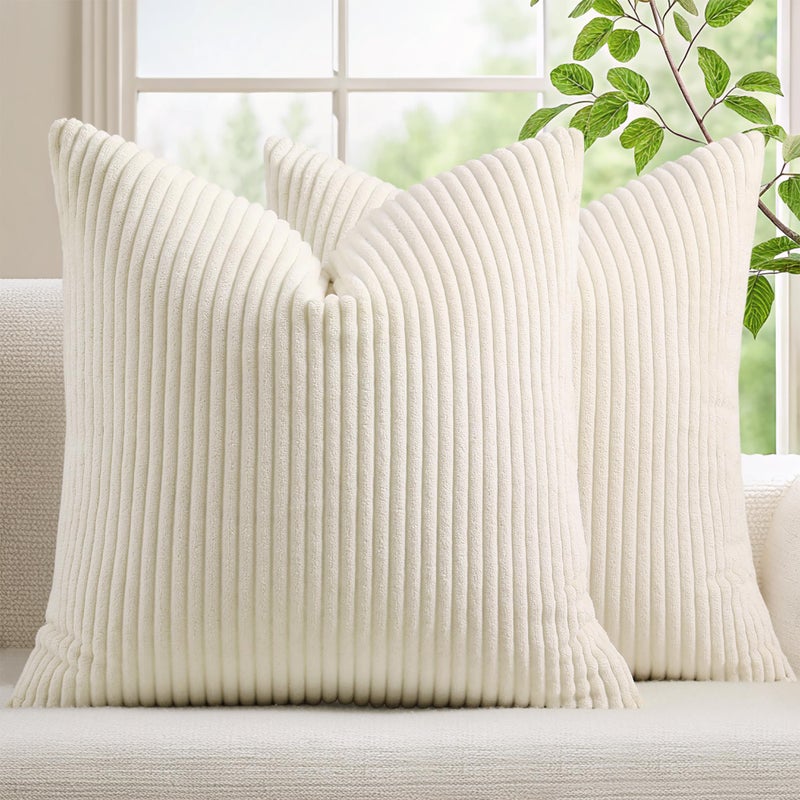 Mecatny Corduroy Decorative Throw Pillow Covers 18x18 Set of 2 for Sofa Bedroom Living Room Stylish Soft Couch Pillow Covers for Home Decor Cream White
