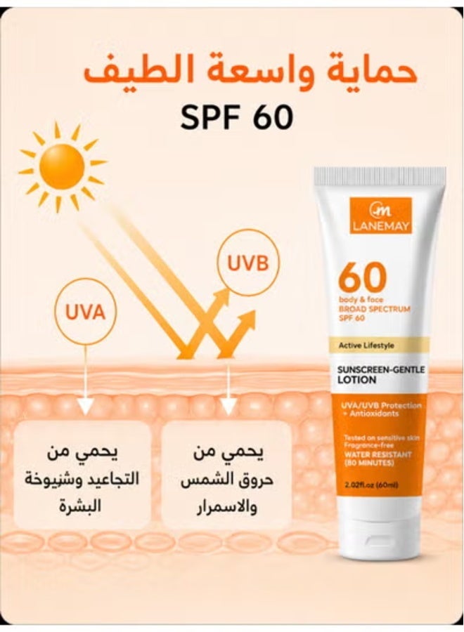 لينماي لوشن واقي شمس لطيف مع عامل الحماية SPF60 PA+++، واقي شمس واسع الطيف، مقاوم للماء والعرق لمدة 80 دقيقة، خالٍ من العطور للبشرة الحساسة، للوجه والجسم، خفيف الترطيب غير لزج، 60 مل - Image 2