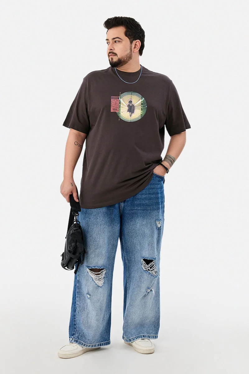 سنيتش Brown Graphic Half Sleeve Regular Fit Streetwear Plus Size T-Shirt