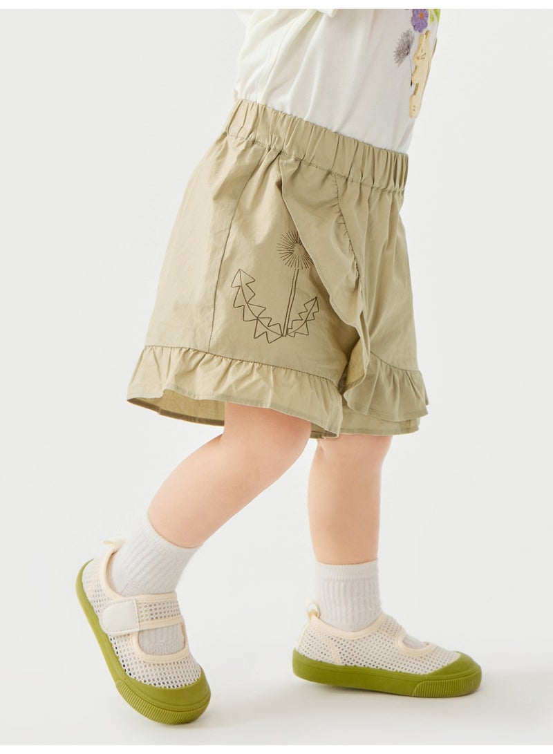 mini bala Girls Toddler Casual Elastic Waist Ruffled Hem Embroidered Detail Shorts Soft Breathable Lightweight Comfortable Summer New Style Lovely Daily Wear Children's Fashion Shorts - Image 2