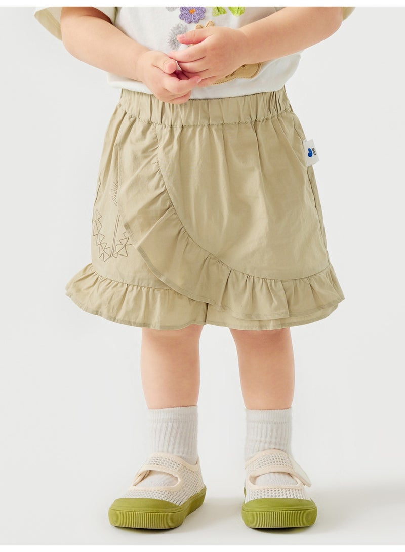 mini bala Girls Toddler Casual Elastic Waist Ruffled Hem Embroidered Detail Shorts Soft Breathable Lightweight Comfortable Summer New Style Lovely Daily Wear Children's Fashion Shorts - Image 1