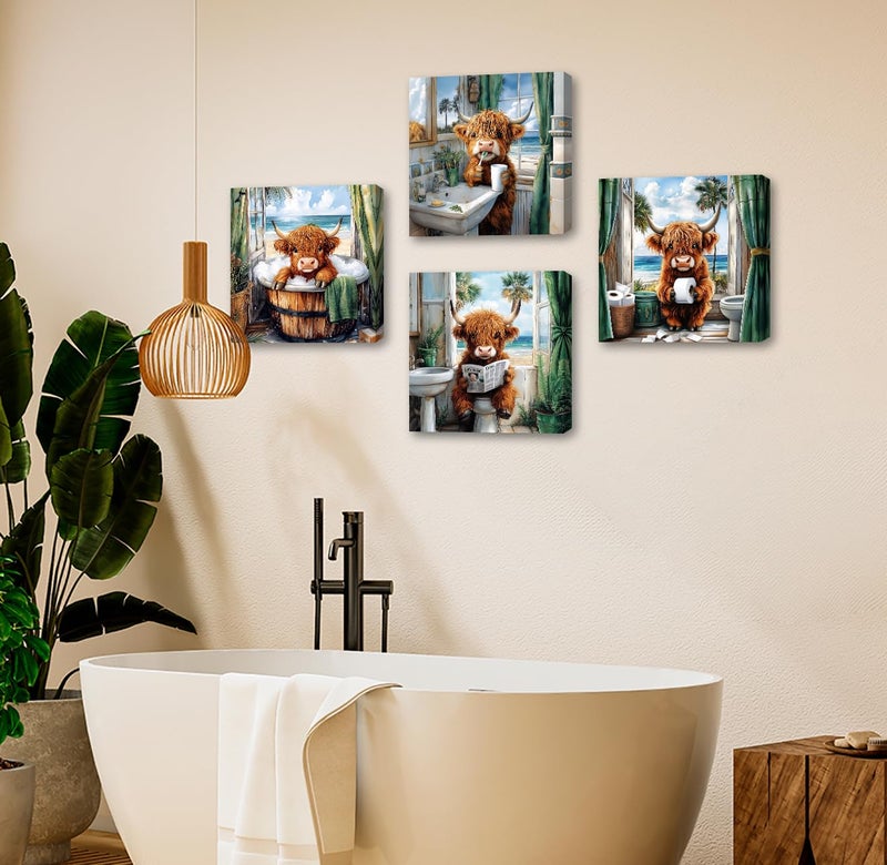 DJSYLIFE Funny Highland Cow Wall Art Bathroom Decor Cow Pictures Canvas Print Modern Artwork Rustic Farmhouse Animal Posters Living Room Bedroom Home Decorations 12" Wx12 Hx4 - Image 5