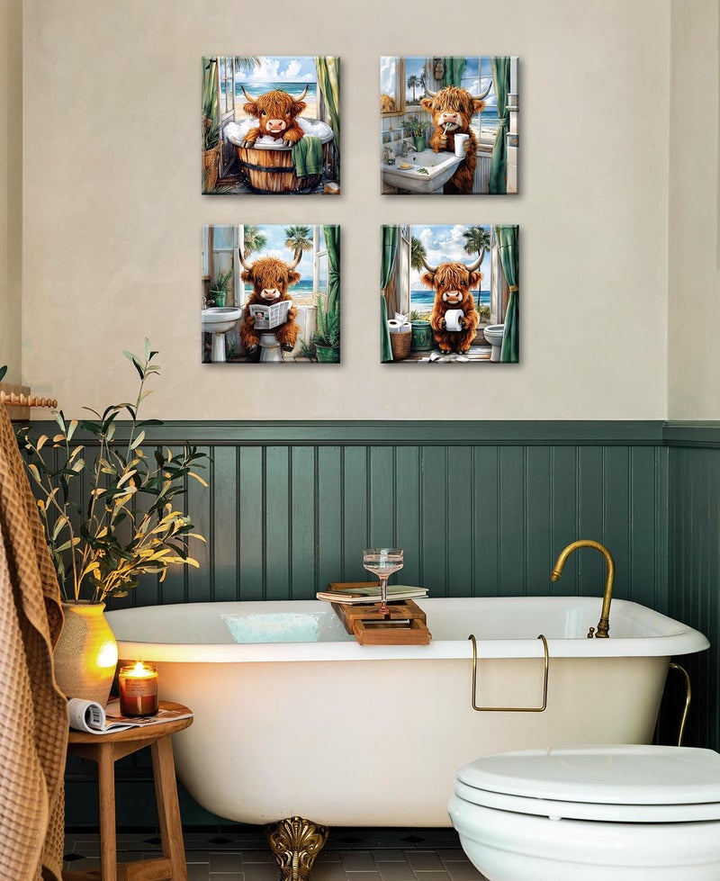 DJSYLIFE Funny Highland Cow Wall Art Bathroom Decor Cow Pictures Canvas Print Modern Artwork Rustic Farmhouse Animal Posters Living Room Bedroom Home Decorations 12" Wx12 Hx4 - Image 2