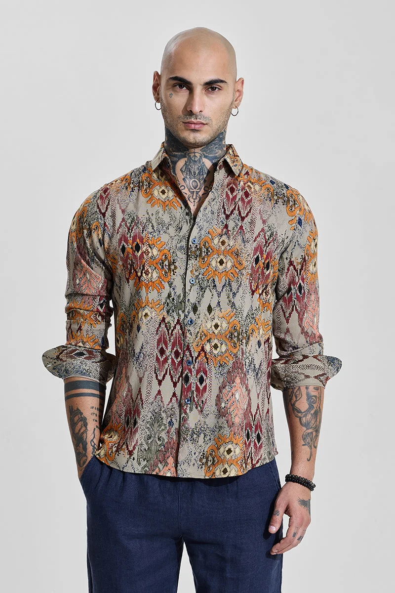 SNITCH Beige Abstract Long Sleeve Slim Fit Casual Shirt