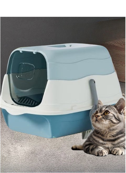 Cat litter box with lid, enclosed cat toilet, removable cat litter box with front door, pet accessories that can isolate odors and prevent cat litter from splashing, suitable for kittens (Blue)