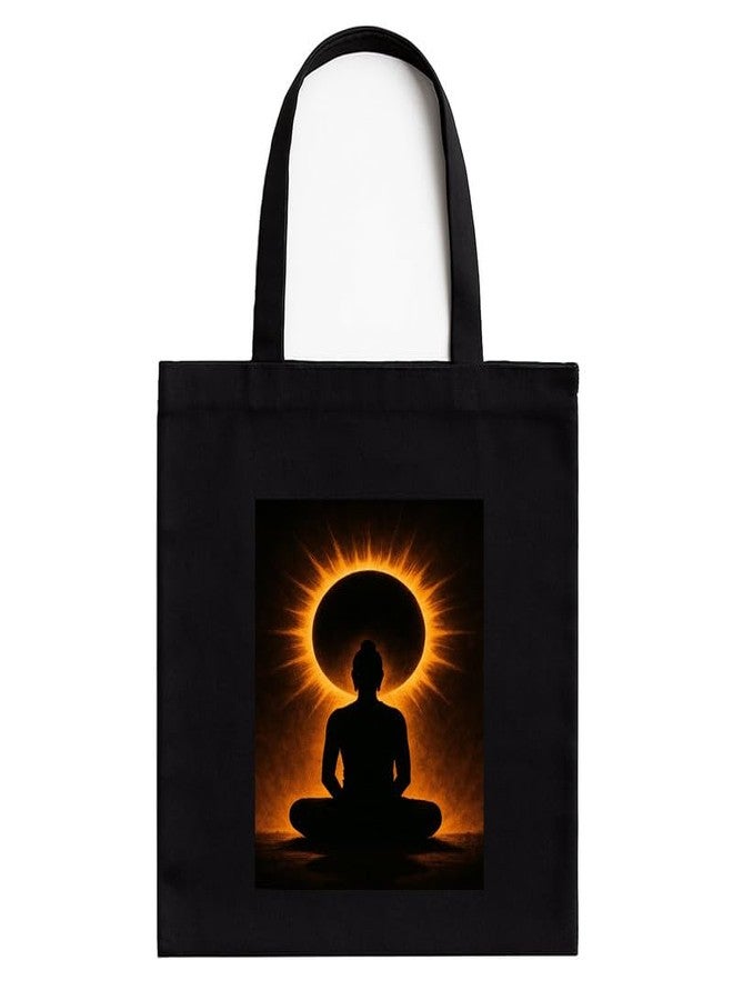 Megrok Yogi Eclipse Tote Bag for Women | Front A4 Size Printed Pocket | 16x14 Inch Celestial Cotton Bag | Yoga Festival Must-Have Accessory - Image 1