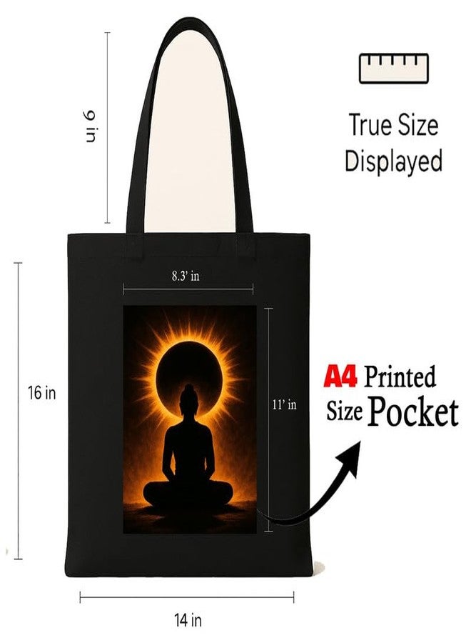 Megrok Yogi Eclipse Tote Bag for Women | Front A4 Size Printed Pocket | 16x14 Inch Celestial Cotton Bag | Yoga Festival Must-Have Accessory - Image 3