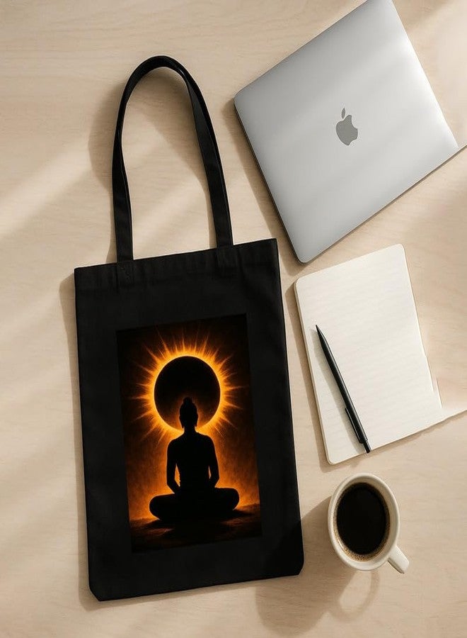 Megrok Yogi Eclipse Tote Bag for Women | Front A4 Size Printed Pocket | 16x14 Inch Celestial Cotton Bag | Yoga Festival Must-Have Accessory - Image 5
