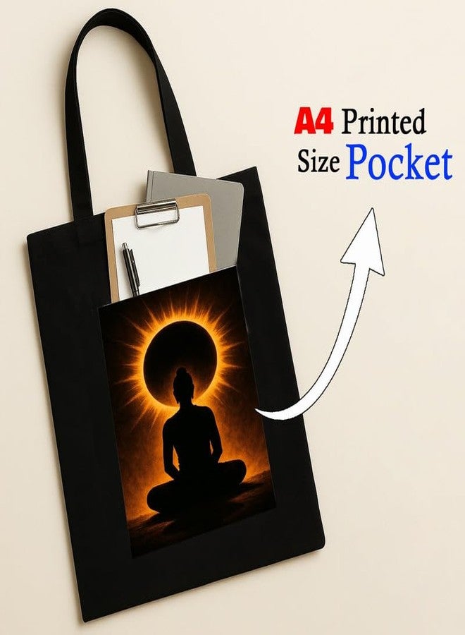Megrok Yogi Eclipse Tote Bag for Women | Front A4 Size Printed Pocket | 16x14 Inch Celestial Cotton Bag | Yoga Festival Must-Have Accessory - Image 2